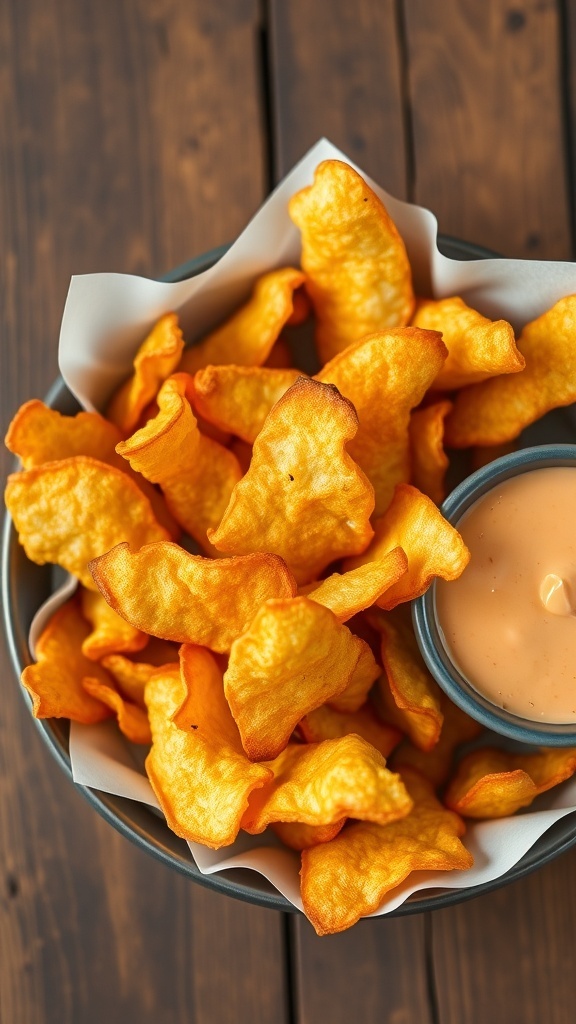 A bowl of crispy hot chips with dipping sauce on a rustic wooden table.